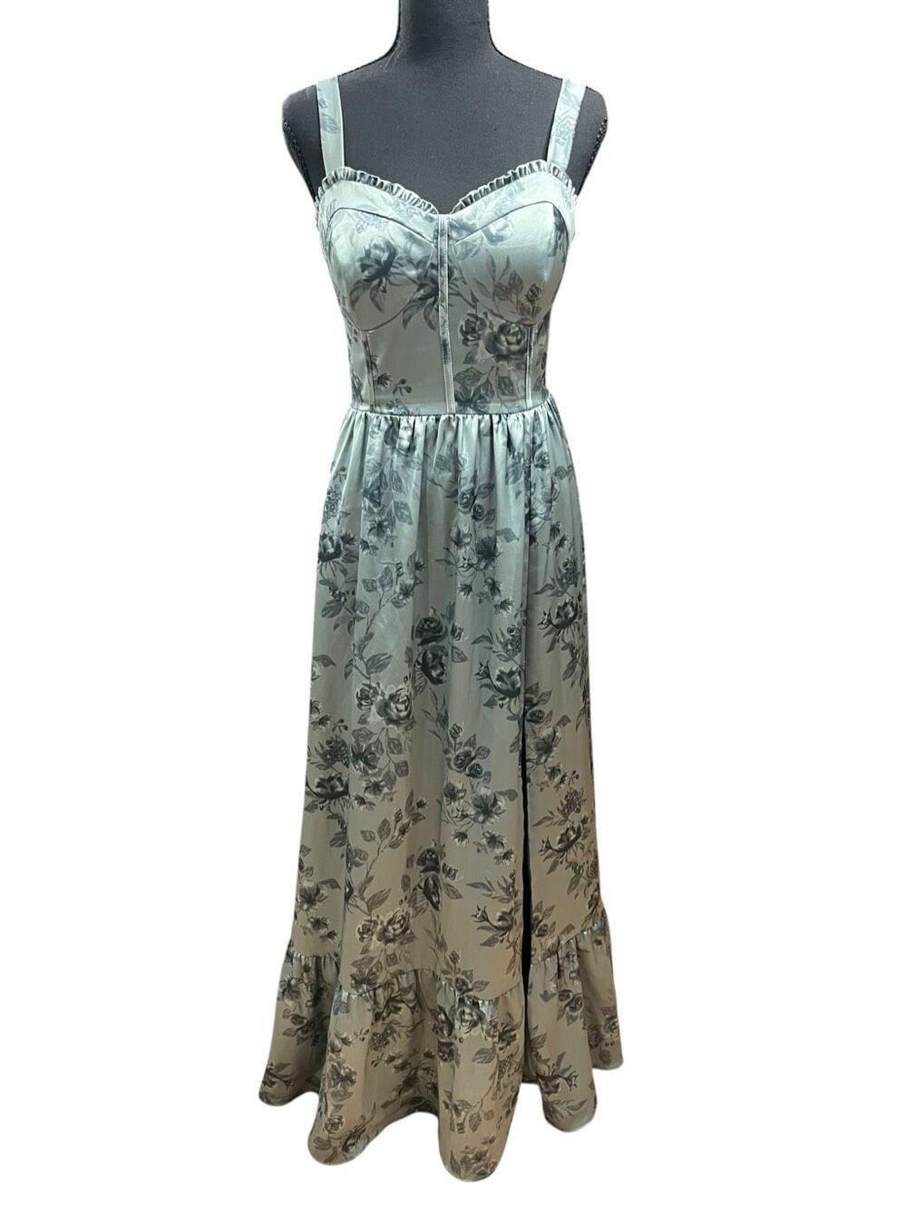 Revelry 12 olive green floral satin sweetheart ruffle corset maxi dress wedding